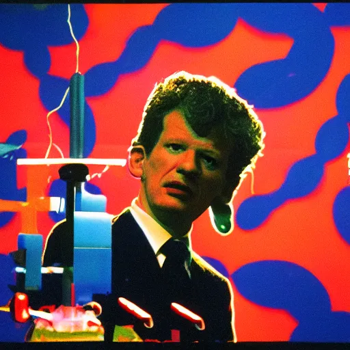 Image similar to chris morris does the news, set design by tadanori yokoo, 3 5 mm film, photograph