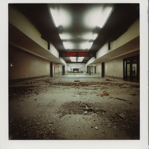 Prompt: polaroid photo of an abandoned mall at night, flash photography