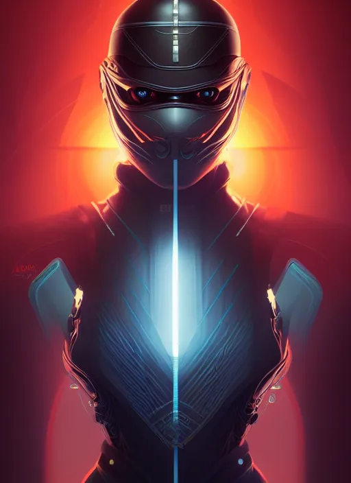 Image similar to symmetry!! portrait of futuristic ninja, sci - fi, tech wear, intricate, elegant, highly detailed, digital painting, artstation, cinematic lighting, concept art, smooth, sharp focus, illustration, art by artgerm and greg rutkowski and alphonse mucha, 8 k