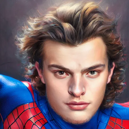 Image similar to a realistic portrait of Joe Keery in a spider-man suit, cute face, 4k, art by Donato Giancola and Bayard Wu and WLOP and Artgerm, exquisite detail, hyper realism, ornate, masterpiece, artstation