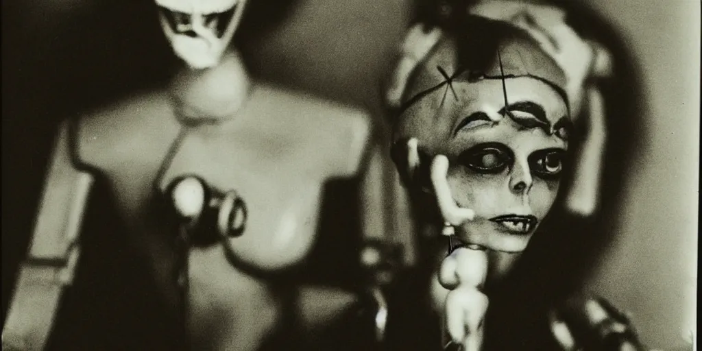 Image similar to 1 9 7 0 s female alive, eerie, creepy masked marionette puppet, morena baccarin, unnerving, clockwork horror, pediophobia, lost photograph, dark, forgotten, final photo found before disaster, realistic, vintage noir, polaroid,