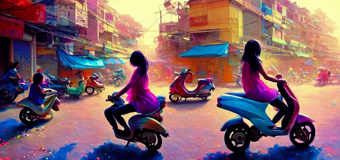 Image similar to a young asian girl, not wearing clothes, riding on the moped scooter, on the street of hanoi, digital illustration by ruan jia on artstation, colorful, rainbow, sunlight, soft lighting, insanely detailed and intricate, hypermaximalist, elegant, ornate, hyper realistic, super detailed, by akihito yoshida, by bob byerley