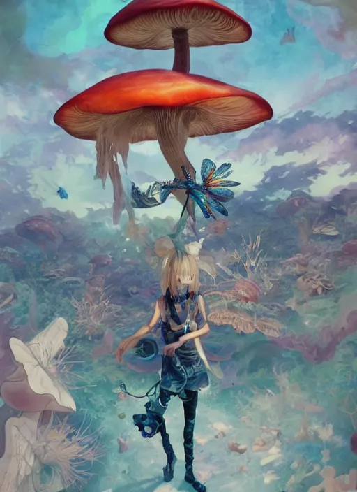 Image similar to surreal gouache painting, by yoshitaka amano, by ruan jia, by Conrad roset, by good smile company, detailed anime 3d render of a wild mushroom Surrounded by a magical dragonfly and a big DJ Mixer, deck, portrait, cgsociety, artstation, rococo mechanical and Digital and electronic, dieselpunk atmosphere