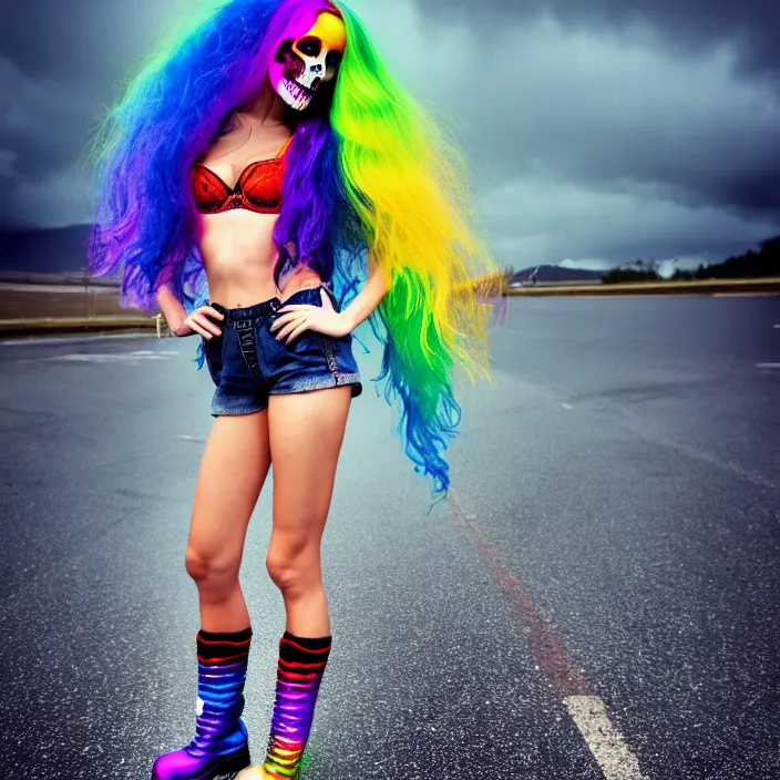 Image similar to fully body pose, photo of a very beautiful!! victoria secret model, skull woman, rainbow hair, overalls, short shorts, fishnets, combat boots, wet t shirt, raining, 8 k, hdr, smooth, sharp focus, high resolution, award - winning photo, trending on artstation, dslr, 5 0 mm