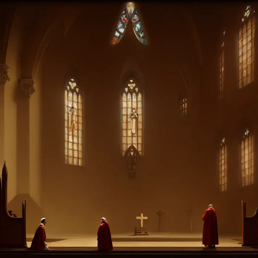 Image similar to pope standing in a curch, digital painting, greg rutkowski, artstation, cinematic, matte painting