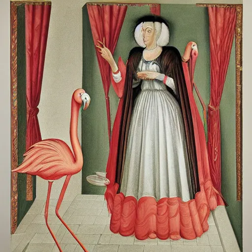 Image similar to portrait of an anthropomorphic flamingo as an italian duchess, sandro bottecelli, 1 5 0 0