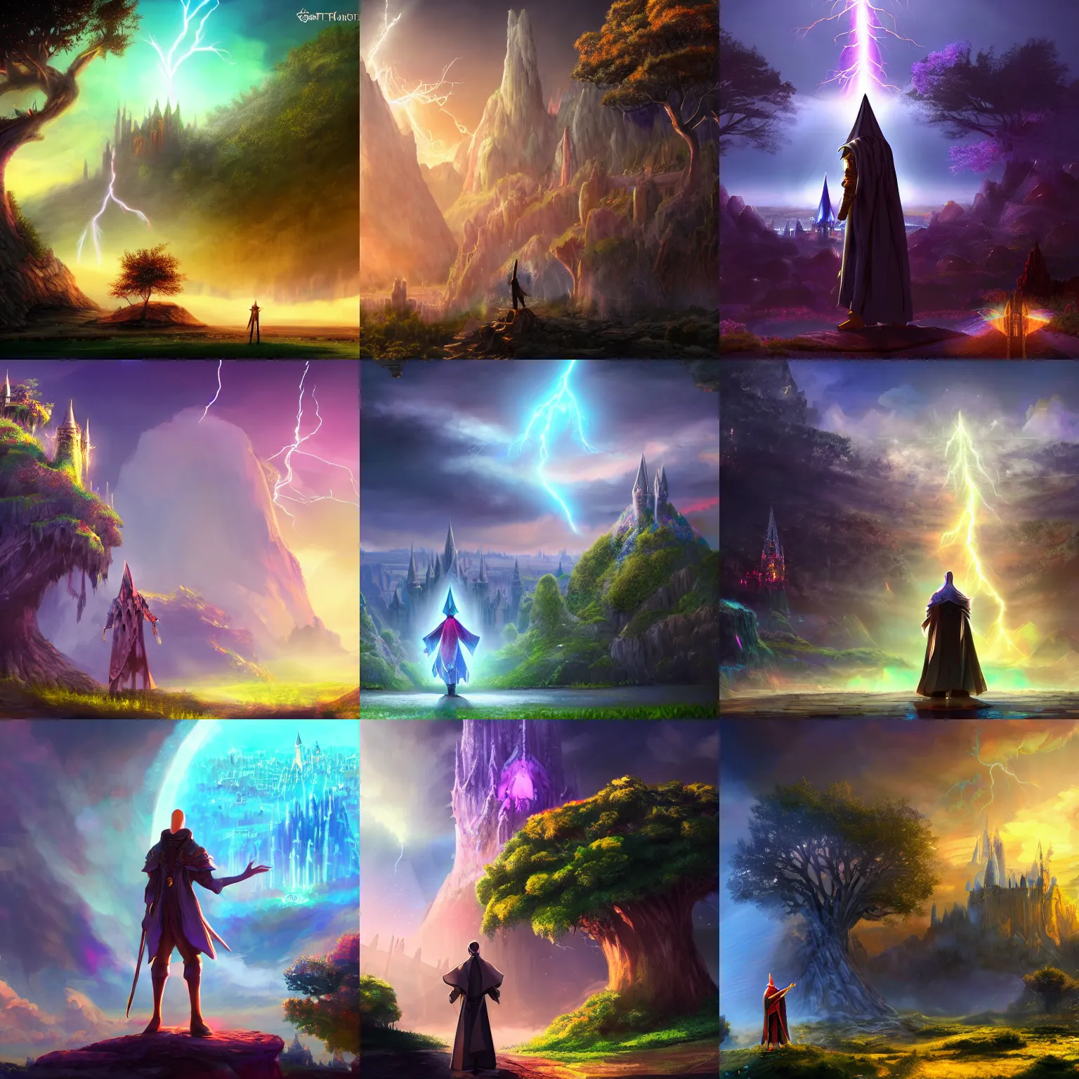 Prompt: a magical wizard in front of a big and mystical of a big and structured fantasy kingdom city, god rays, giant tree, bloom, cinematic lightning, twilight, sunset, fantasy, portfolio illustration, HQ, portal to outer space digital art 8k, trending on artstation, anime, unreal engine