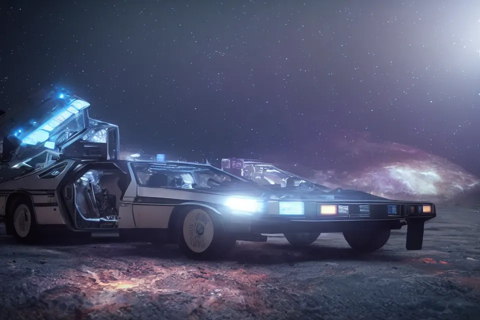 Image similar to ultra realistic delorean dmc 5 drifting on an ancient space highway in space, motion render, dark cinematic, volumetric, realistic, 3 d render, realistic render, cinematic lighting, volumetric lighting, atmospheric, cinematic, unreal engine 5, unreal engine render, octane render, hd, photorealism, hyper realistic, photo, 8 k