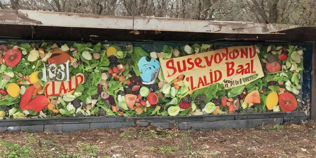 Image similar to an abandoned salad bar from the 6 0 s, the sign features several fruits along with a cornucopia and the words salad bar