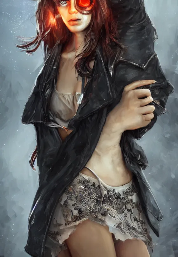 Image similar to digital illustration of a girl with eyes that burn like cigarettes wearing a short skirt and a long jacket with fingernails that shine like justice, dramatic lighting, photorealistic, full body portrait, detailed anatomy, extreme detail, 4 k, colorful, artgerm and craig mullins, detailed face, f / 2. 8