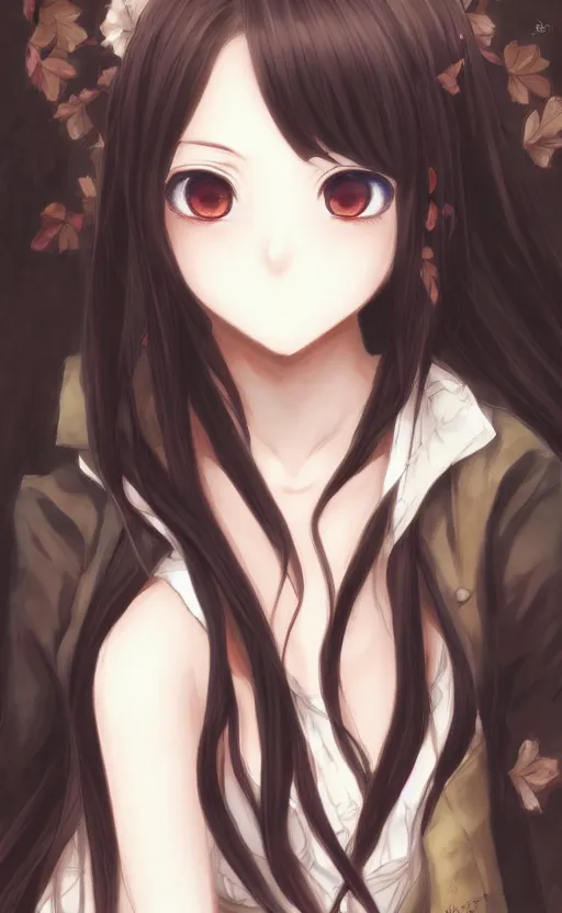 Prompt: portrait of cute anime girl, the girl has white skin, dark - brown hair, dark - brown eyes, finely detailed, paradise setting, pixiv, art by akihiko yoshida