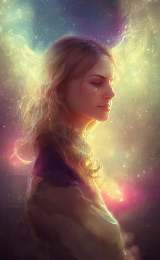 Image similar to beautiful uncertainty, sharp focus, intricate, elegant, digital painting, artstation, matte, highly detailed, concept art, illustration, volumetric lighting, gold and blue and pink color scheme, bokeh light, art by greg olsen and liz lemon swindle