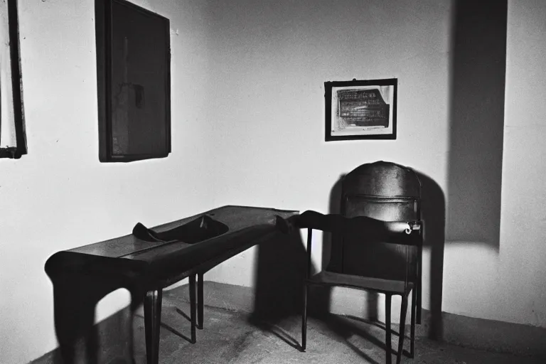 Prompt: 1 9 4 0 s interrogation room, film noir, set piece from the movie shadow of a doubt by alfred hitchcock, cinematic