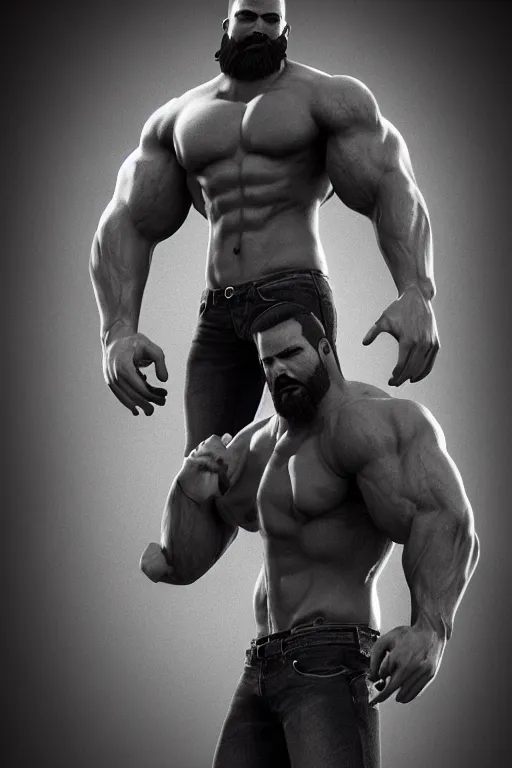 Image similar to a very muscular man with big beard wearing jeans, seductive pose, hyperrealistic, concept art, octane render, unreal engine 5, trending on artstation, high quality, highly detailed, stylish, elegant, path traced, black and white, realistic and detailed face, anatomically correct, five fingers, cinematic, high coherence, dramatic lighting, 8 k