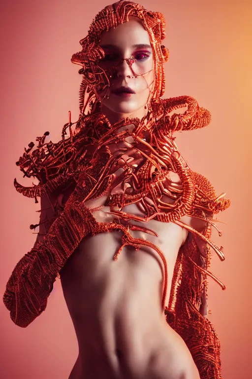 Prompt: beautifull cyberpunk woman model, wearing organic coral outfit, gold tendrils, luxury materials, symmetrical, cinematic, elegant, professional studio light, real dlsr photography, sharp focus, 4 k, ultra hd, sense of awe, high fashion