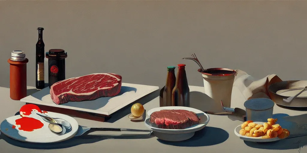 Image similar to an achingly beautiful still life featuring steak very coherent, painted by Edward Hopper, Wayne Barlowe, painted by James Gilleard, airbrush, art by JamesJean