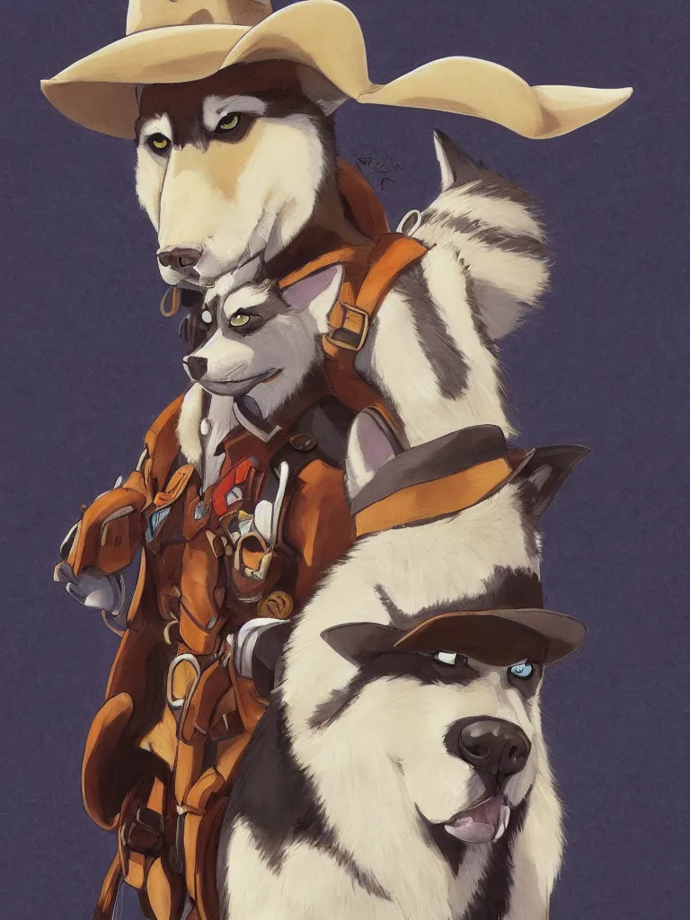 Image similar to a portrait painting of a husky in cowboy costume, wearing a cowboy hat, by studio ghibli, in the style of anime, [ western film ], humanoid, personify, anthropomorphic, trending on artstation