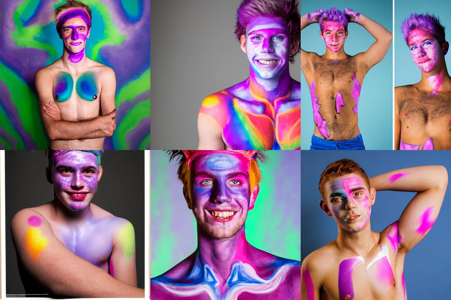 Prompt: large full format portrait of a young university student with light freckles wearing his violet basecap and tanktop and with body paint, he is smirking shyly into the camera for a cover of a gay print magazine, kodak portra 1 0 0 t, f 1. 4, award winning photograph, colorful studio light