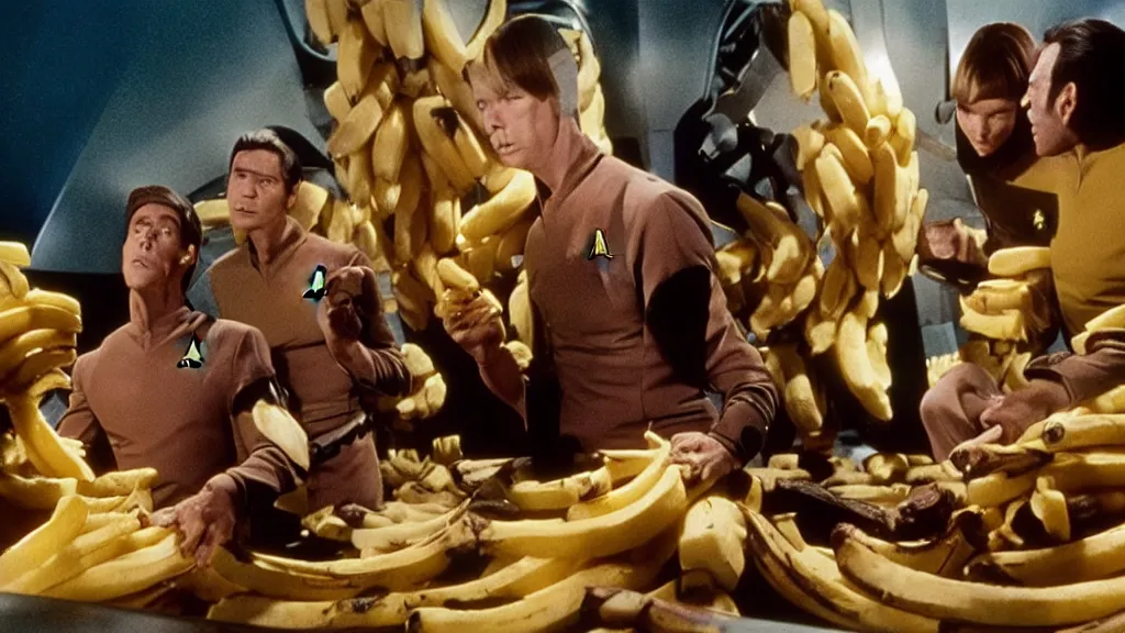 Prompt: a giant monster made of bananas and fries killing crew on star trek, film still from the movie directed by Denis Villeneuve with art direction by Salvador Dalí, wide lens