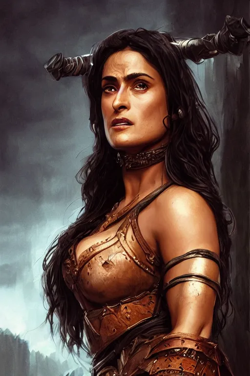 Image similar to portrait, Salma Hayek , barbarian , face portrait, raphael lacoste, eddie mendoza, alex ross, concept art, matte painting, highly detailed, rule of thirds, dynamic lighting, cinematic, detailed, denoised, centerd