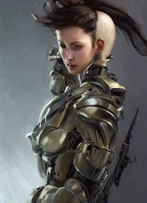 Image similar to a professional painting of a beautiful young female, clothed in military armor, olive skin, long dark hair, beautiful bone structure, symmetrical facial features, intricate, elegant, digital painting, concept art, smooth, sharp focus, illustration, from Metal Gear, by Ruan Jia and Mandy Jurgens and Artgerm and William-Adolphe Bouguerea