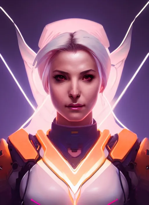 Prompt: symmetry portrait of mercy from overwatch, sci - fi, tech wear, glowing lights intricate, elegant, highly detailed, digital painting, artstation, concept art, smooth, sharp focus, illustration, art by artgerm and greg rutkowski and alphonse mucha