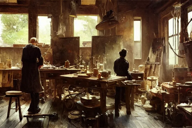 Prompt: oil painting of potter working on a beautiful piece in their workshop, art by anders zorn, wonderful masterpiece by greg rutkowski, beautiful cinematic light, american romanticism by greg manchess, jessica rossier and norman rockwell