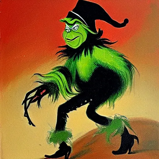 Image similar to a painting of the grinch dressed as a highwayman robbing a stagecoach