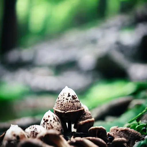 Prompt: a sharp photograph of a clump of rocky road ice cream cones growing in the deep lush forest like mushrooms. Shallow depth-of-field, dramatic light