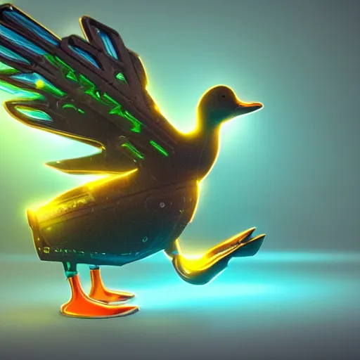 Image similar to a cybertronic duck, glowing beak, metallic, glowing, neon wings, unreal engine