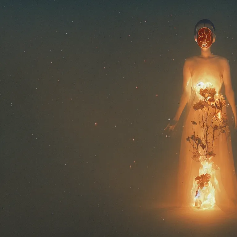 Image similar to The full body shot of beautiful pale woman with many eyes flowers and full-face golden mask inside a thick black smoke in rocky desert landscape, glowing eyes, falling star on the horizon, burning earth by Gaspar Noe and Christopher Doyle, anamorphic lens, anamorphic lens flares, kodakchrome, cinematic composition, practical effects, award winning photo, 8k