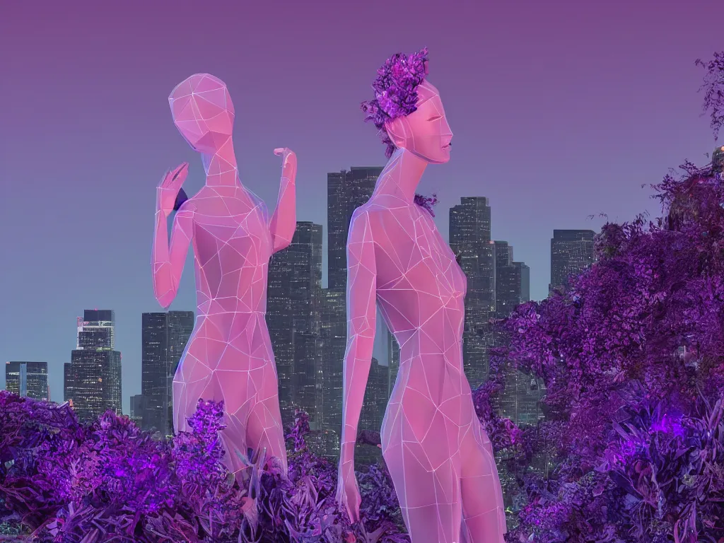 Image similar to beautiful mannequin sculpted out of amethyst by billelis + lit with 3 d geometric neon + facing a doorway opening with neon pink geometric fractal light + flowering hosta plants!!!, moon + city of los angeles in background!! dramatic, rule of thirds, award winning, 4 k, trending on artstation, photorealistic, volumetric lighting, octane render