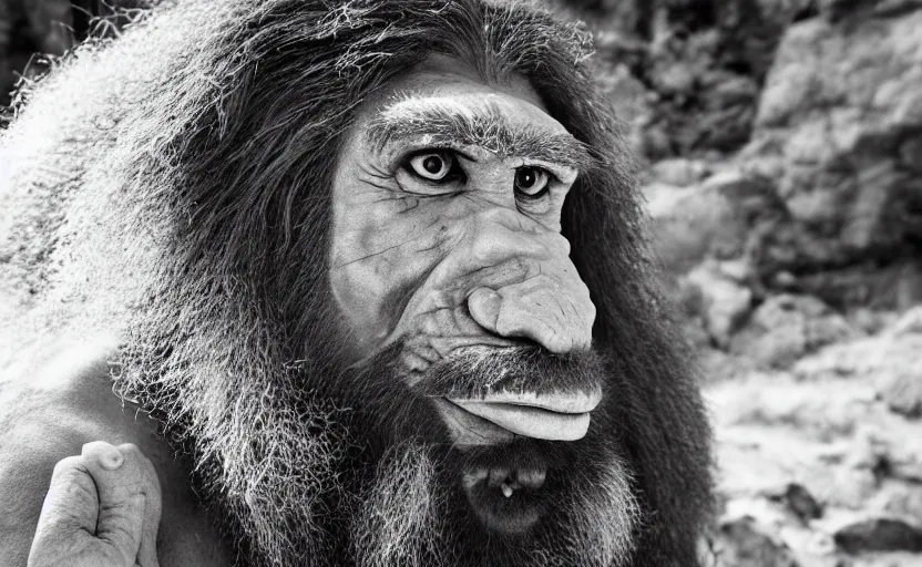 Image similar to a portrait of neanderthal read science book about him in middle of nowhere, perfect dynamic posture, dust, cinematic, perfect dynamic pose, perfect dynamic form, pinterest, very perfect position, award winning photo by national geographic, bokeh