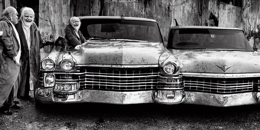 Prompt: a widescreen photo of a old cadillac full with old laughing happy old men with long hair, long beards, low light, by steve mccurry