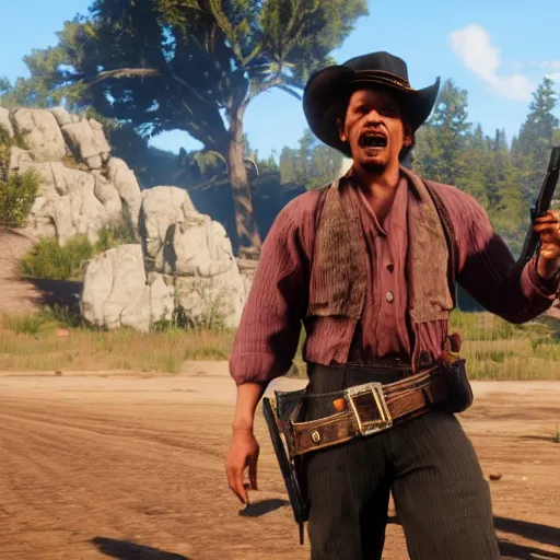 Image similar to an in-game screenshot of Eric Andre in Red Dead Redemption 2 (2018)