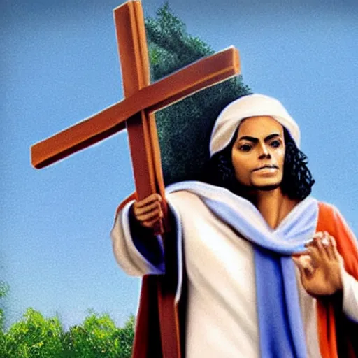 Image similar to michael jackson as jesus christ carrying a cross, realistic