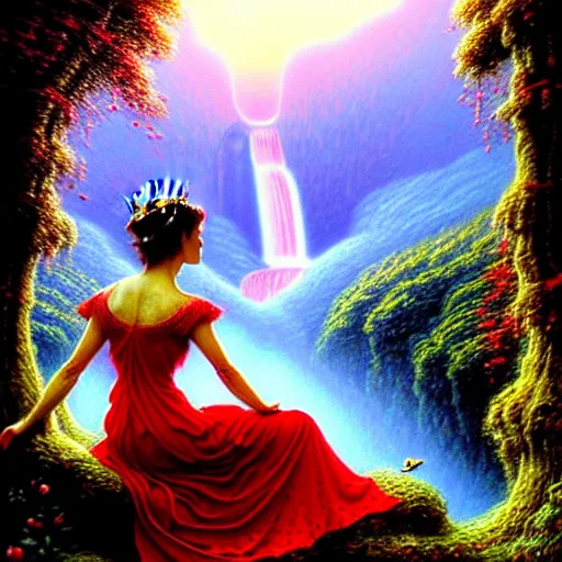 Image similar to an elegant fairy queen in a red lace dress sitting and looking out at a lord of the rings scenery landscape, vast lush valley flowers and giant mushroom structures, waterfall, river, sunrise, god's rays highly detailed, vivid colour, soft clouds, floral sunset, cinematic lighting, perfect composition, gustave dore, derek zabrocki, greg rutkowski, belsinski