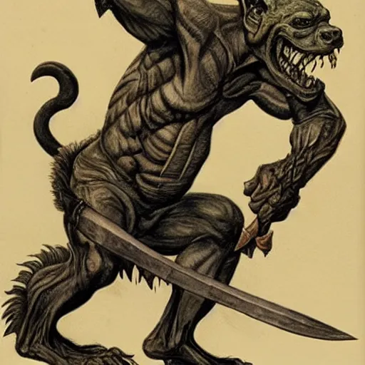 Image similar to dog-faced muscular goblin, ugly face, lizard tail, holding scimitar made of bone, hyper-detailed, drawn by Frank Frazetta