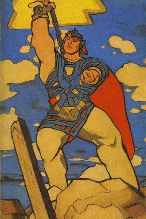 Image similar to thor, marvel, artwork by nicholas roerich,