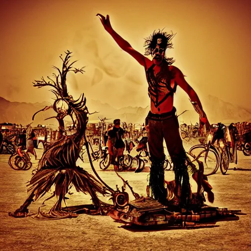 Image similar to burning man dancer, digital art, post apocalyptic, fantasy