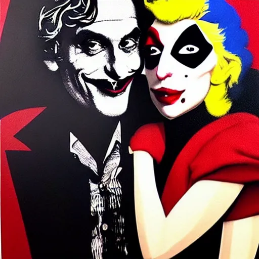 Prompt: richard hamilton and mimmo rottela and banksy as joaquin phoenix skinny joker holding hand lady gaga harley queen, ultra photorealistic, intricate details, pop art style, baroque, ultra hyperdetailed, concept art, ultrarealistic, 3 colors, smooth, sharp focus