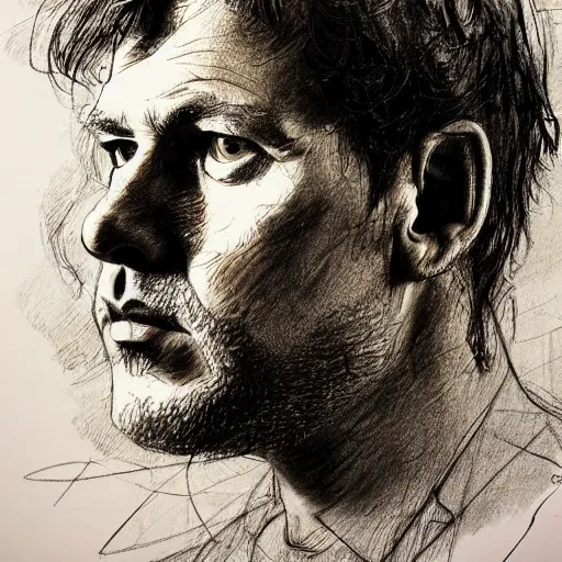 Image similar to a realistic yet scraggly portrait sketch of the side profile of a stern and sophisticated young david gilmour, trending on artstation, intricate details, in the style of frank auerbach, in the style of sergio aragones, in the style of martin ansin, in the style of david aja, in the style of mattias adolfsson