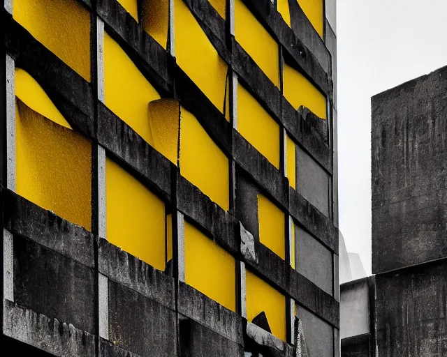 Image similar to Yellow sponges. Dark metal towers. Soft yellow spikes and sponges. Brutalism, dark concrete. Surreal wisps and wafts, a building made of yellow metal, dark sponge