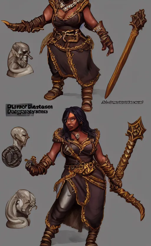 Prompt: Dungeons and dragons character art, dwarf woman, dark skin, battleaxe, trending on artstation