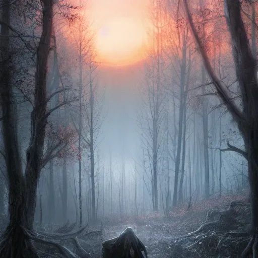 Image similar to view from window, beautiful forest, sunset, high detail, dramatic light, digital art, dark, painted by seb mckinnon and greg rutkowski, trending on artstation