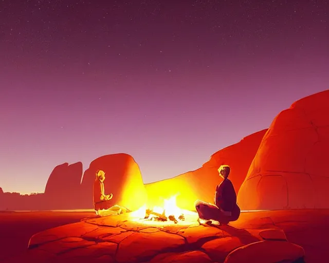 Prompt: man sitting at uluru playing medicine drum at campfire under cosmic night sky, behance hd by jesper ejsing, by rhads, makoto shinkai and lois van baarle, ilya kuvshinov, rossdraws global illumination radiating a glowing aura global illumination ray tracing hdr render in unreal engine 5