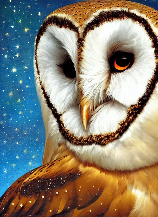 Image similar to close-up portrait of anthropomorphic barn owl, space, stars, dreamy, romantic, painting in the museum, highly detailed, sharp focus, digital painting, artwork, by Victor Adame Minguez by Yuumei by Tom Lovell by Sandro Botticelli