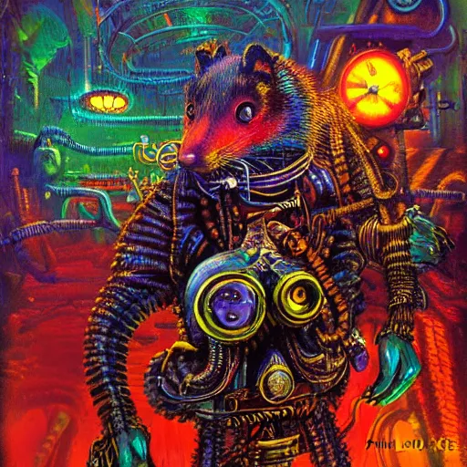 Image similar to steampunk rat, acid, 303, psychedelic, by paul lehr, cd cover for psytrance artist