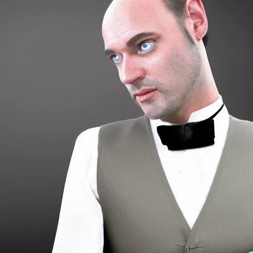 Prompt: photo realistic picture of fantasy butler that looks similar to michael kane, handsome, 4 k, oil painting filter, balding, well dressed, full body portrait, pet rat on shoulder