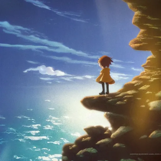 Prompt: Image from afar, man looking from the top of a large rock cliff, the sea hits the large stones hard, the clouds let through subtle rays of light, art by Hayao Miyazaki, whimsical, anime, children's illustration